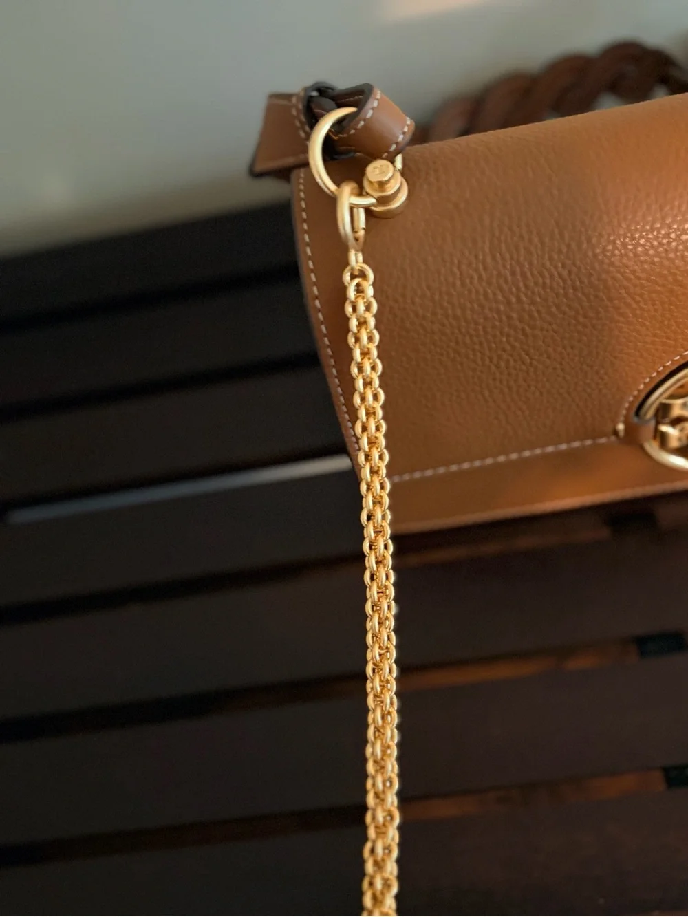 Tory Burch Tan Leather Shoulder Bag with Gold Logo Medallion